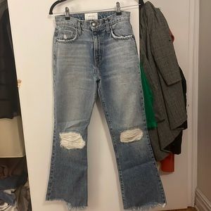 Current Elliot jeans with chic rips at knees, slight flare at bottom